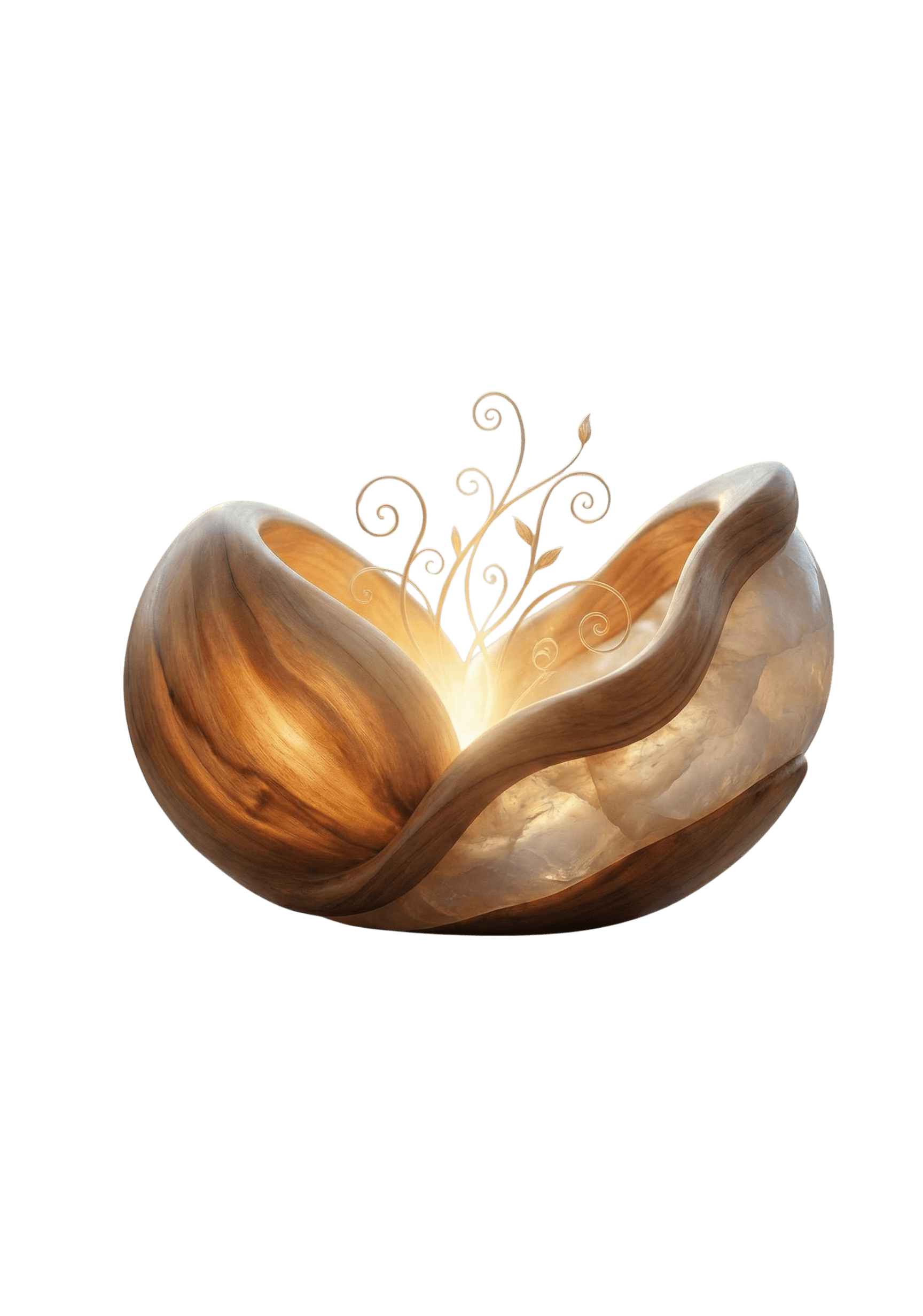 Illustration einer leuchtenden Muschel mit zarten, spiralförmigen Elementen, symbolisiert Geburtsbeg.